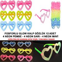 Fosforlu Kalp Model Glow Parti Gözlüğü Karanlıkta Yanan Gözlükler 12 Adet